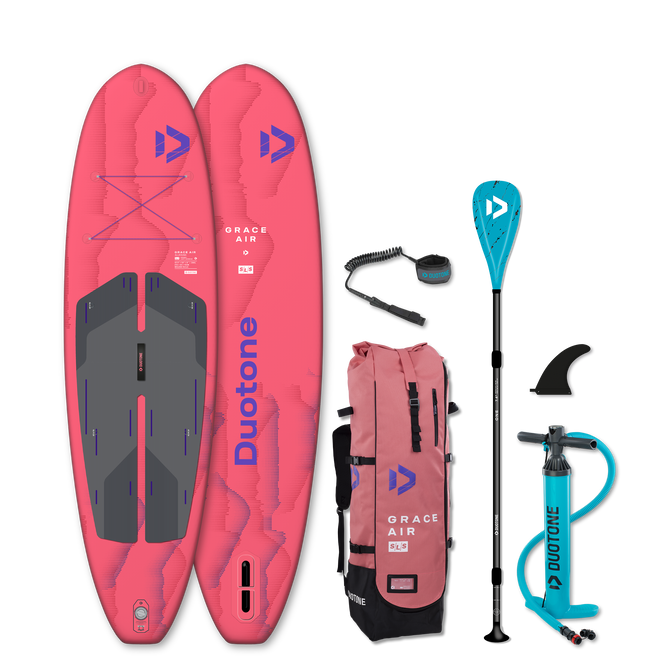 Duotone Grace Air SLS inflatable SUP package in coral with paddle, pump and carry bag