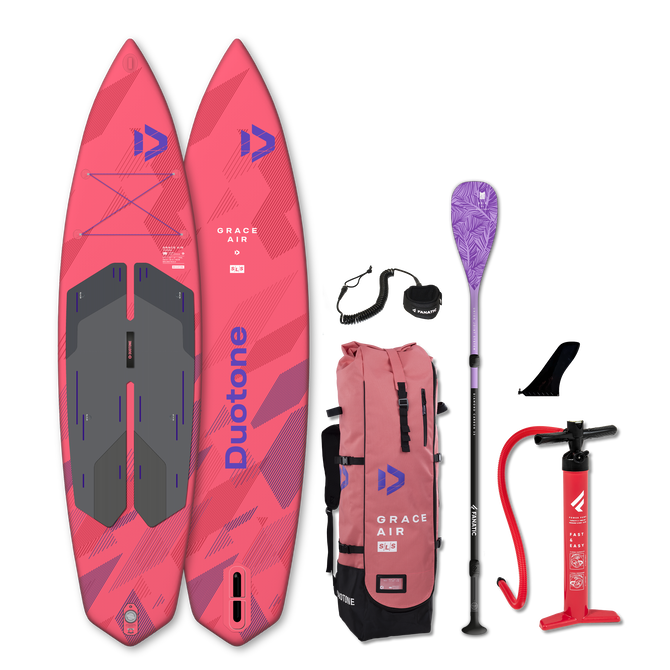 Pack SUP gonflable Duotone Grace Air SLS 11'2" en corail et violet avec pagaie, pompe et sac