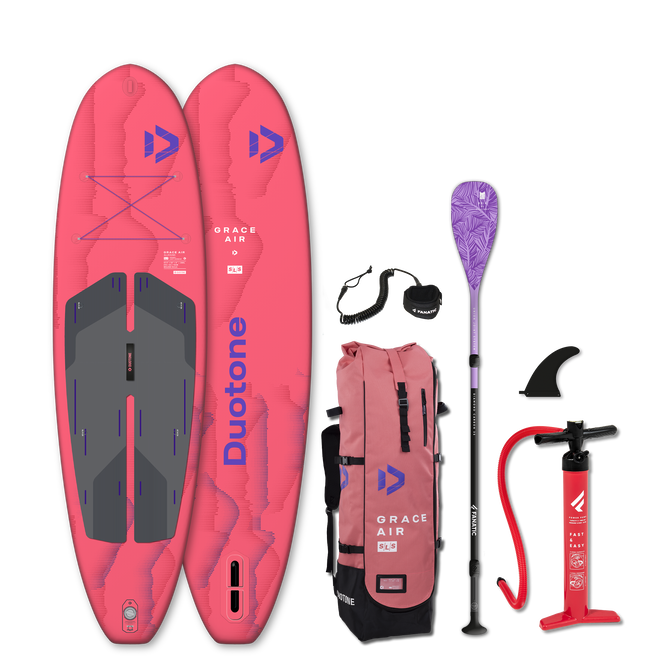 Pack SUP gonflable Duotone Grace Air SLS en rose corail avec pagaie, pompe et sac