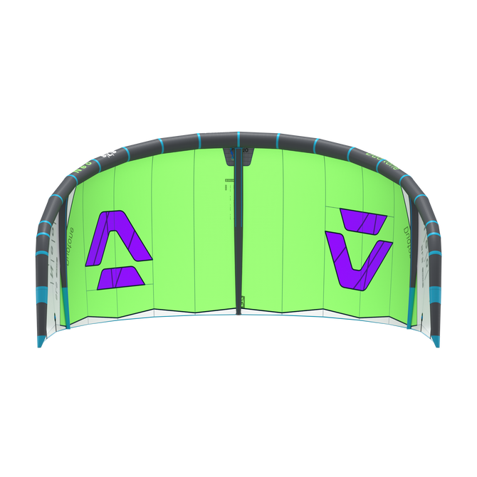 Duotone Neo SLS LEI Kite in limettengrün und dunkelgrau mit lila Logo – Unterseite