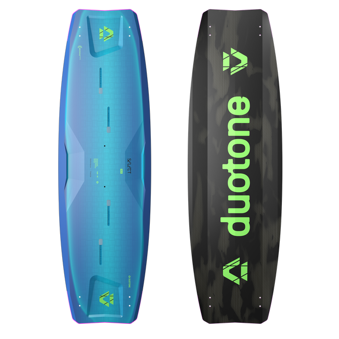 Planche de kitesurf twin-tip Duotone Select SLS en turquoise, bleu et lime – vue pont et base