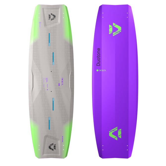 Tabla de kite twin-tip Duotone Soleil SLS en morado y verde lima – vista de cubierta y fondo