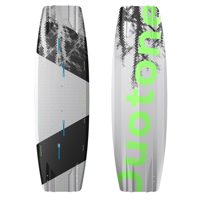 Duotone TS Big Air SLS twin-tip kiteboard in light grey, black and lime green — deck and base view