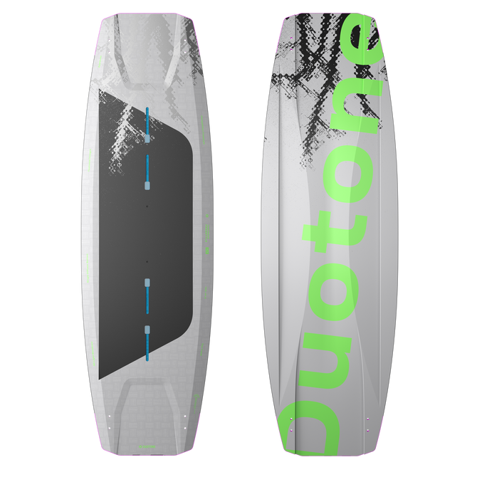 Tabla de kite twin-tip Duotone TS Freestyle SLS en gris claro y verde neón, vistas superior e inferior