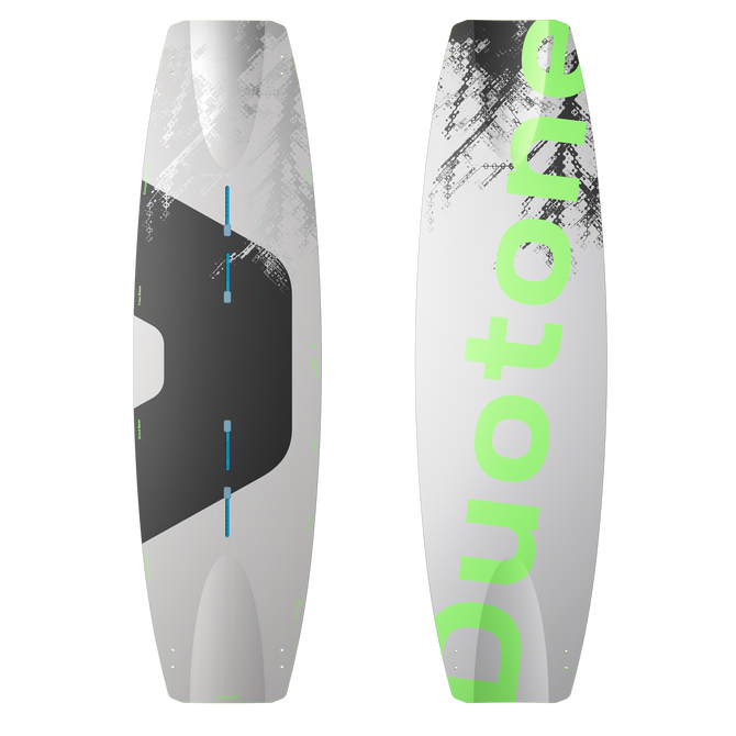 Tabla de kite twin-tip Duotone TS Park 155 cm en gris, verde lima y blanco, vista de cubierta y base