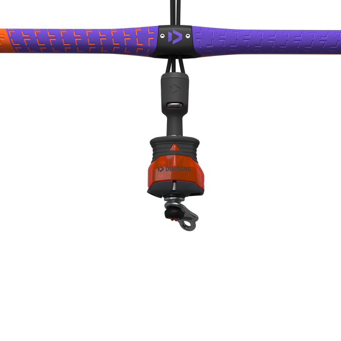 Duotone Trust Bar quad control bar center detail with chicken loop and swivel in purple and orange