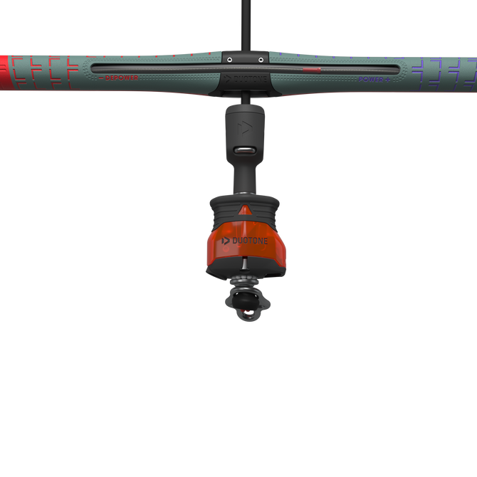 Duotone Click Bar Quad Control kite control bar in teal and red with orange-red chicken loop