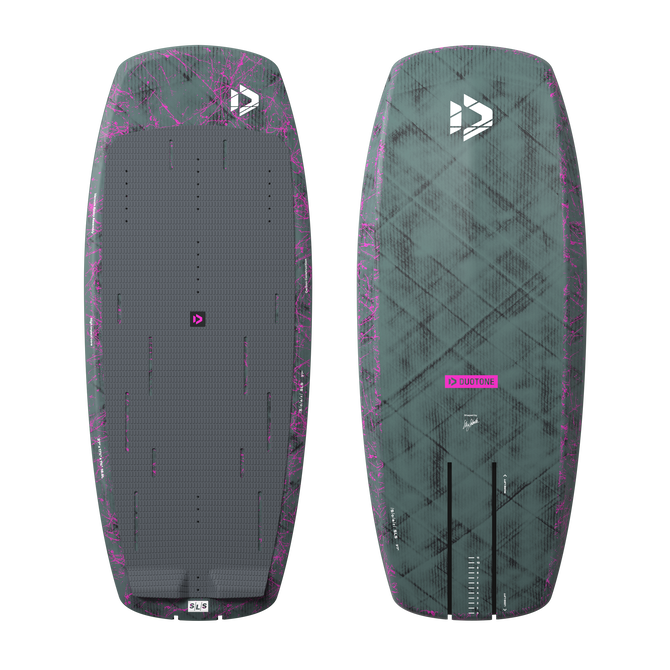 Planche de foil Duotone Soar SLS en gris foncé et magenta, vue dessus et dessous