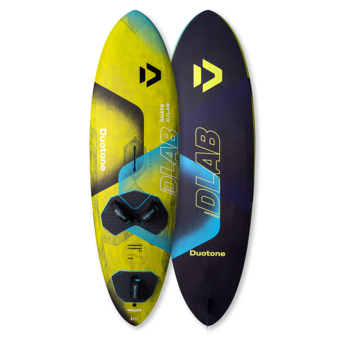 Duotone Skate D/LAB freestyle windsurf board 91L in yellow-green and navy, deck and hull view
