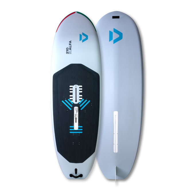 Planche de windsurf Duotone Alfa HD 210 en gris clair avec pad EVA noir, vue dessus et dessous