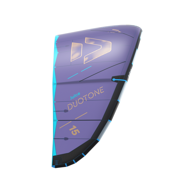 Duotone Juice kite LEI 15m en violet lavande et cyan, vue de côté