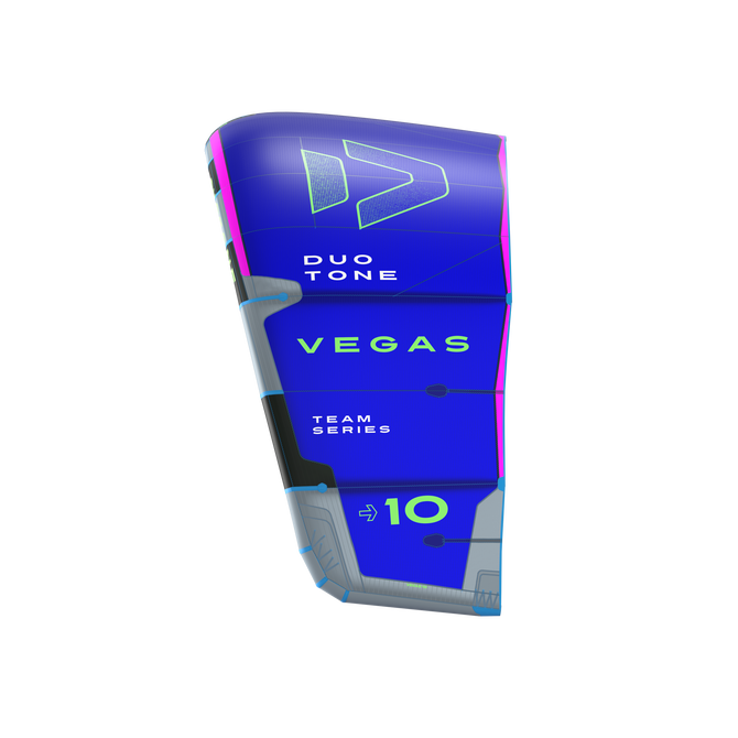 Aile LEI Duotone Vegas Team Series 10m en bleu électrique et vert néon — vue latérale