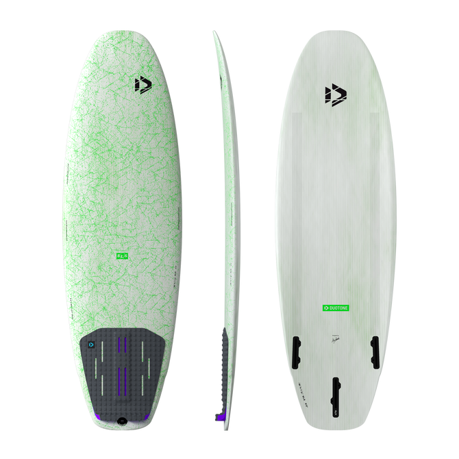 Tabla de kitesurf Duotone Whip SLS wave thruster strapless en blanco y verde neón