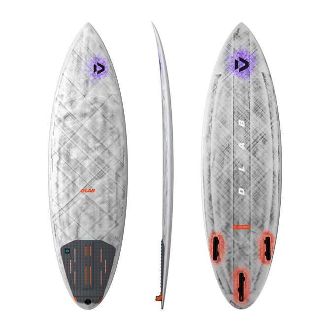 Tabla de kitesurf de olas Duotone Blur D/LAB quad-fin sin straps en gris, naranja y morado
