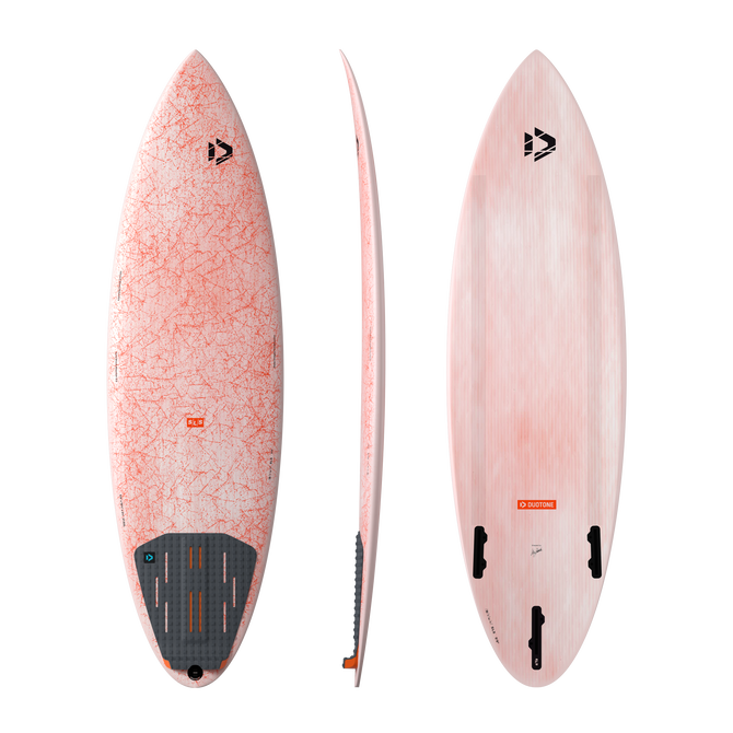 Duotone Blur SLS tabla de kitesurf de ola thruster en rosa empolvado y coral — vista superior, perfil e inferior