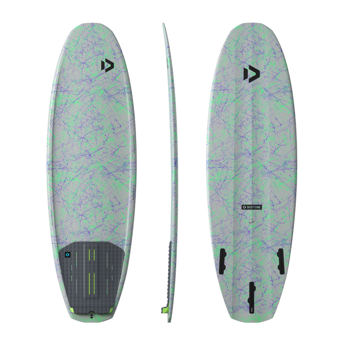 Tabla de kite direccional Duotone Provoke SLS 5'1'' en verde salvia con morado y verde neón, quad fins, sin straps