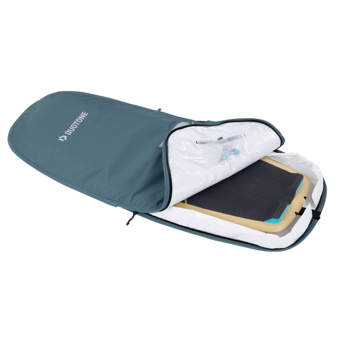 Duotone Boardbag Single Foil 127cm in teal, open showing foil board inside