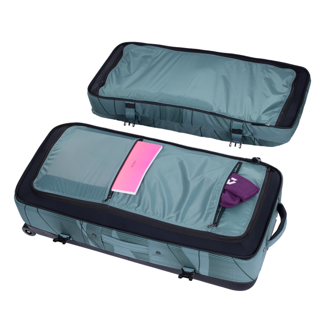 Duotone Travelbag mala de viagem com rodas L em verde ardósia, aberta com organizador