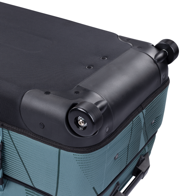 Duotone Travelbag mala rígida em azul petróleo – detalhe da roda giratória e proteção de canto