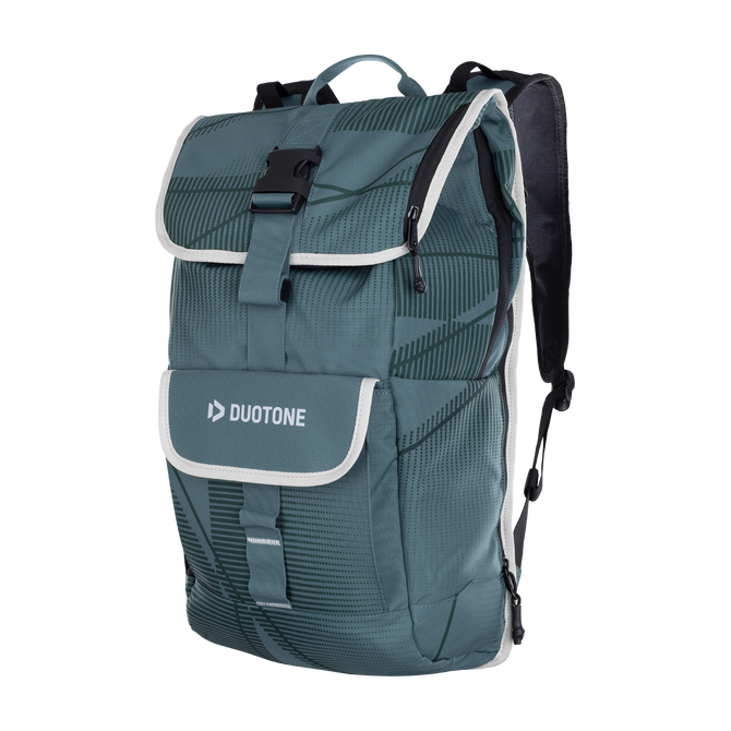 Mochila Duotone Daypack 40l em azul ardósia com padrão geométrico, vista frontal