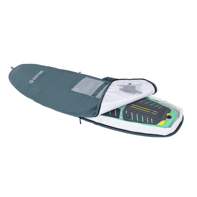 Duotone Boardbag Single Compact borsa per tavola da surf 5'3" in teal ardesia, aperta con tavola