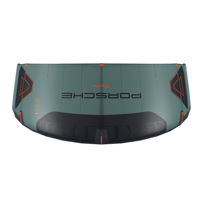 Duotone Evo SLS Porsche Edition kite LEI en vert ardoise, noir et orange – vue de dessus