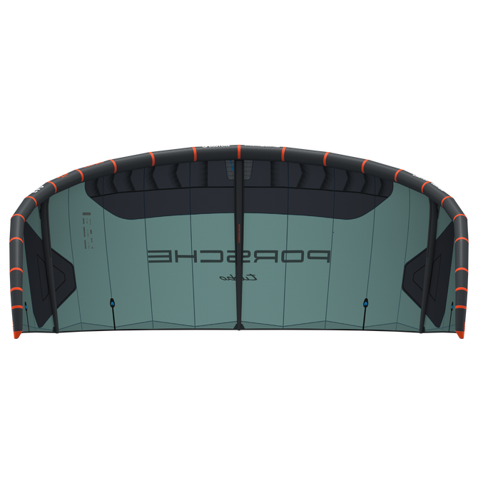 Duotone Evo SLS Porsche Edition kite LEI vue inférieure en vert ardoise et anthracite avec accents orange