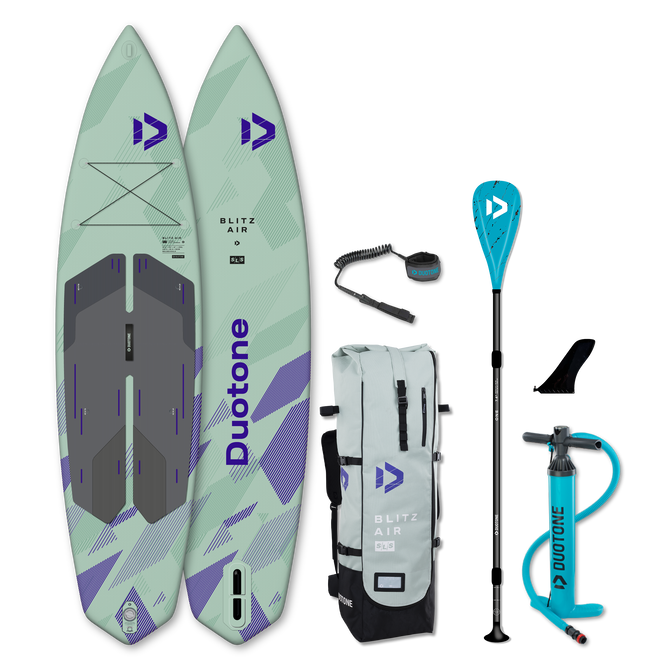 Duotone Blitz Air SLS iSUP package in sage green and violet with paddle, pump and backpack