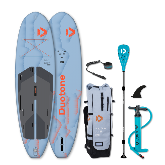 Duotone Flow Air SLS iSUP package in slate blue with paddle, pump and bag