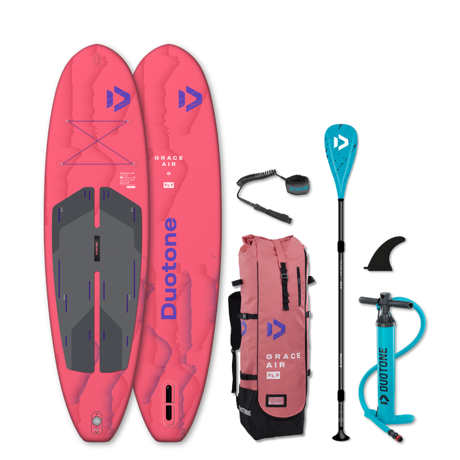 Duotone Grace Air SLS inflatable SUP package in coral and teal with paddle, bag and pump