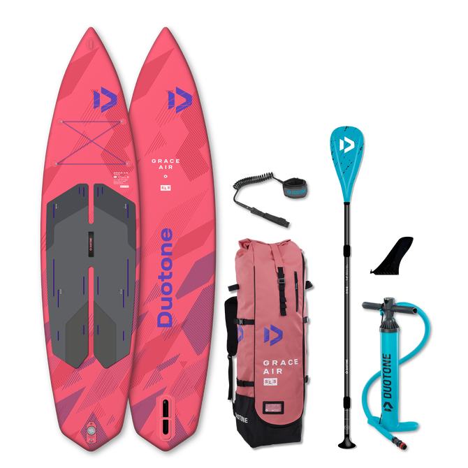 Duotone Grace Air SLS inflatable SUP package 11'2'' in coral and purple with paddle, pump and bag