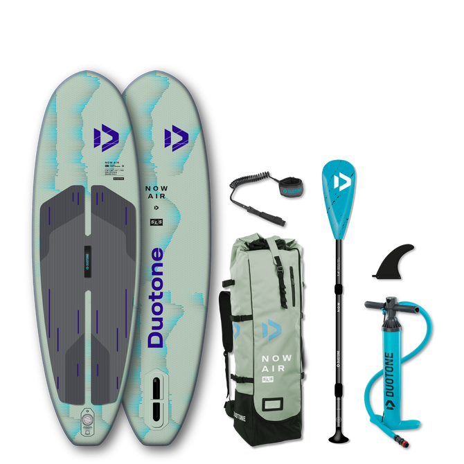 Duotone Now Air SLS inflatable SUP package 7'10'' in sage green with paddle, pump, leash and bag