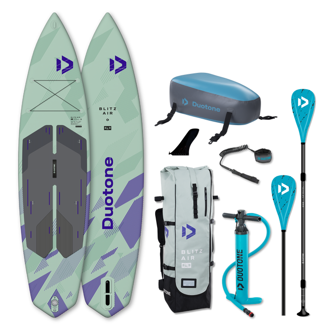 Duotone Blitz Air SLS iSUP touring package with kayak accessories in sage green and purple