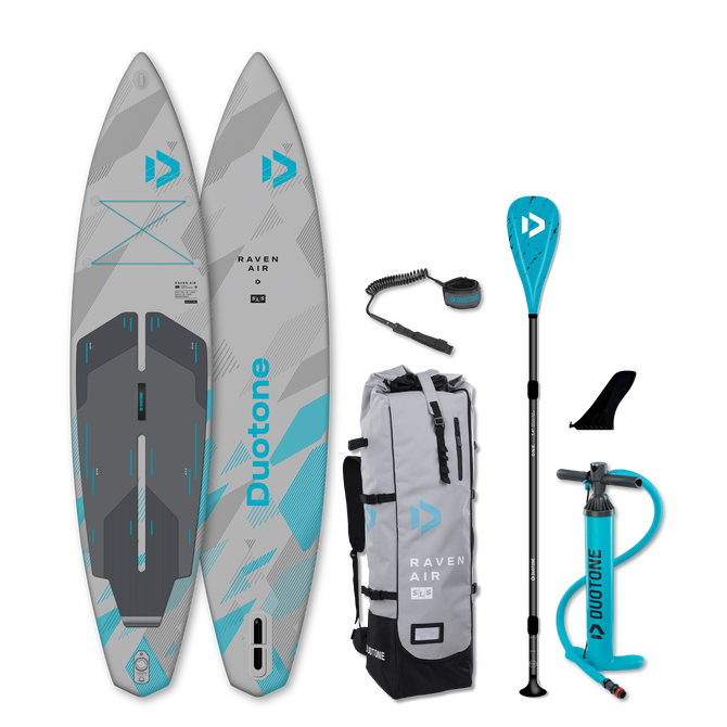 Duotone Raven Air SLS iSUP package with board, paddle, bag and pump in grey and teal