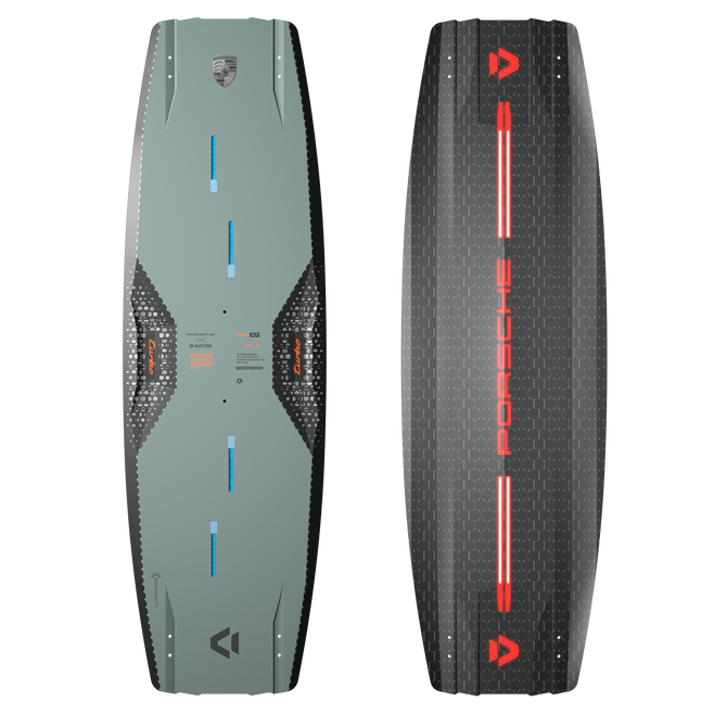 Duotone Jaime SLS Porsche Turbo Edition twin-tip kiteboard 136 cm en gris, noir et rouge – vue dessus et dessous