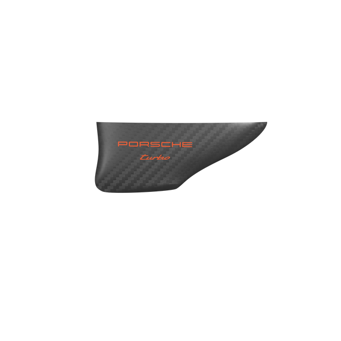 Duotone Jaime SLS Porsche Turbo kiteboard twin-tip 136cm – détail pointe carbone avec branding Porsche Turbo en noir et orange