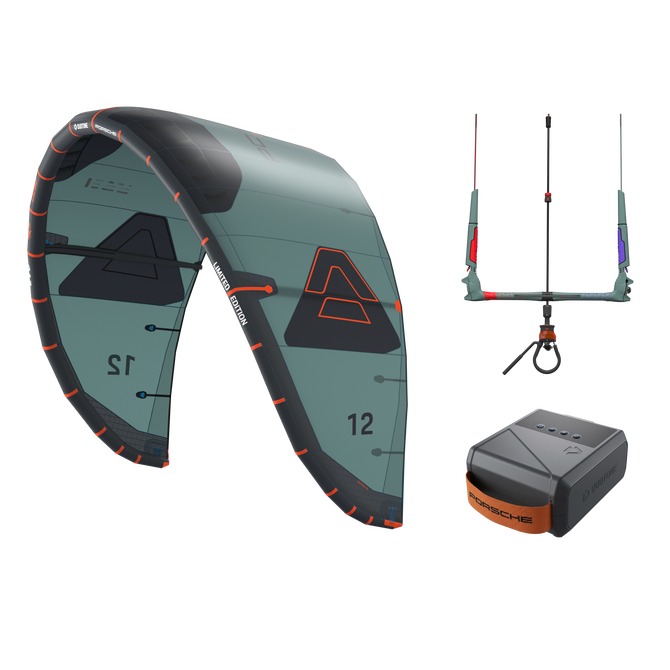 Duotone Evo SLS Porsche Turbo Edition LEI Kite 12m in schiefer, graphit und orange – Set mit Bar