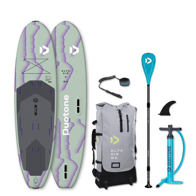 Duotone Alfa Air WS aufblasbares SUP-Paket in salbeigrün und violett mit Paddel, Pumpe und Tasche