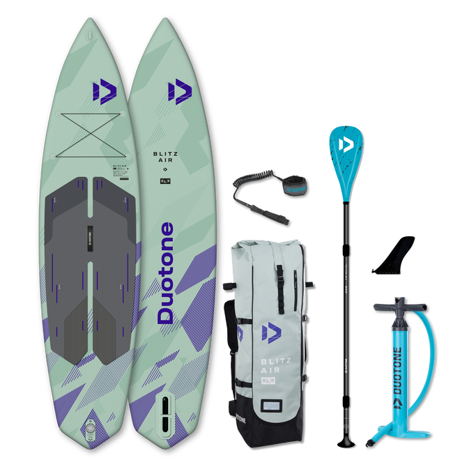 Duotone Blitz Air SLS iSUP package in sage green and violet with paddle, pump and bag