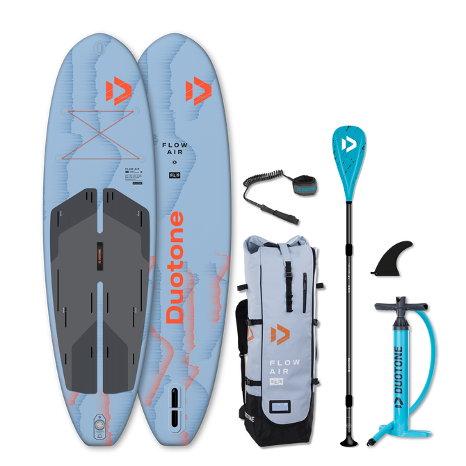 Duotone Flow Air SLS inflatable SUP package in slate blue and coral with paddle, bag and pump