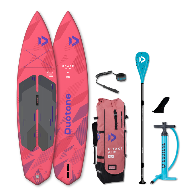 Duotone Grace Air SLS iSUP package in coral with paddle, pump, leash and backpack