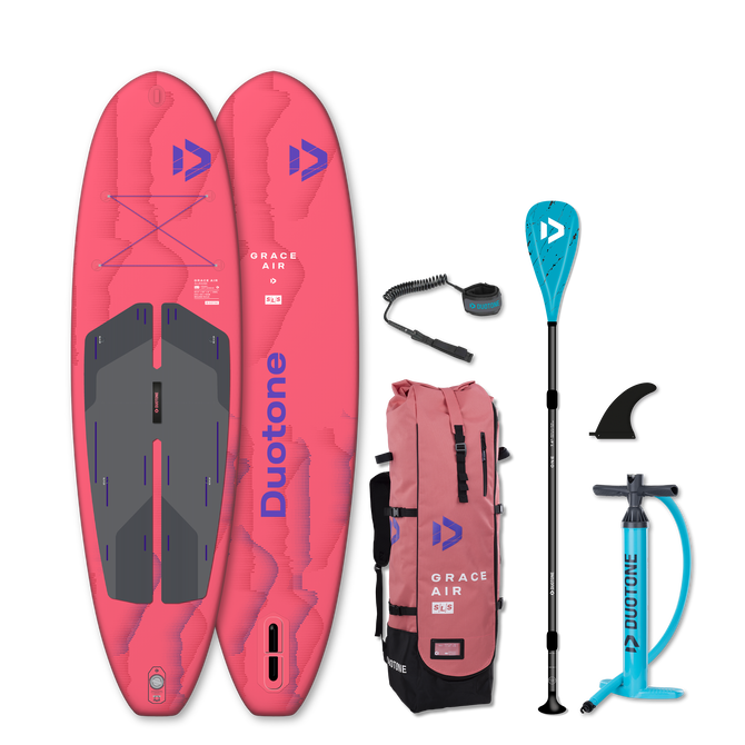 Duotone Grace Air SLS inflatable SUP package in coral pink with paddle, bag, pump and leash