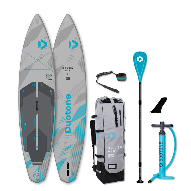 Duotone Raven Air SLS inflatable SUP package 11'6'' in grey and teal with paddle, pump and bag