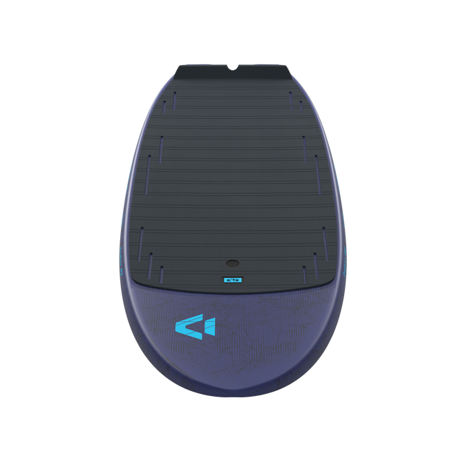 Duotone Crush SLS wing foil board in midnight navy, top-down view showing EVA deck pad and carbon construction