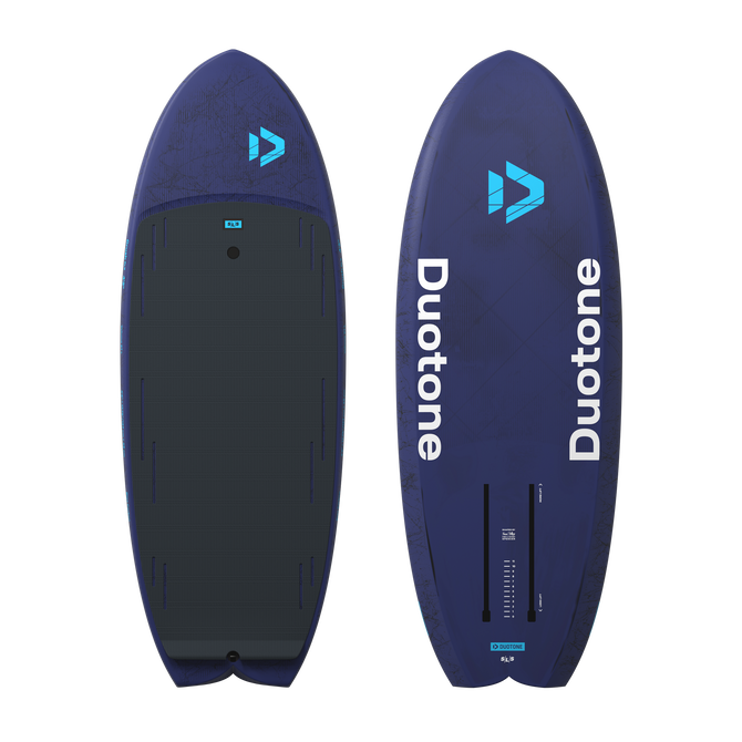 Duotone Crush SLS foil board in navy blue, deck and hull view