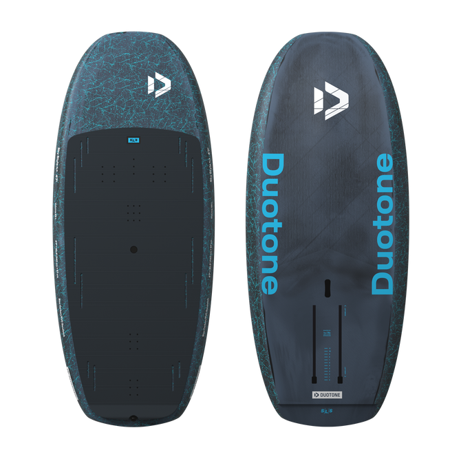Duotone Sky Style SLS Foilboard in dunklem Schiefer und cyan, Deck- und Rumpfansicht