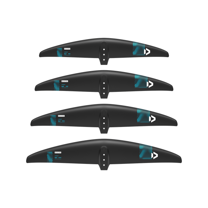 Duotone Crest SLS front wing 800–1200 cm² in matte black with teal accents — size overview