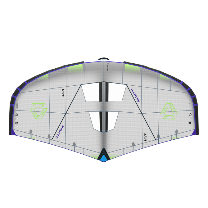 Duotone Unit Foil Wing 4,5 m in grau, lila und limette – Frontansicht