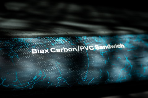 Duotone Sky Style SLS Foilboard Detailansicht Biax Carbon/PVC Sandwich Konstruktion in schwarz und cyan