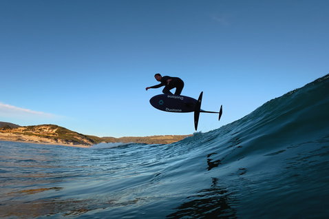 Duotone Crush SLS prone foil board during prone foiling on the Tasmanian coast